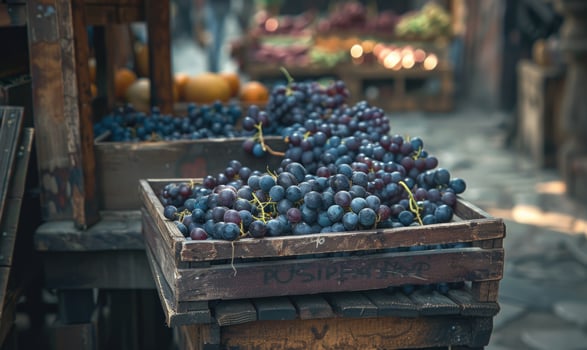 Grapes in a vintage crate at a quaint street market photo