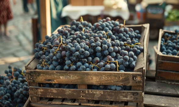 Grapes in a vintage crate at a quaint street market photo