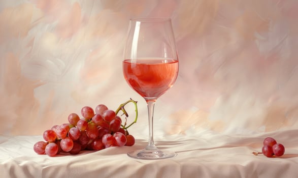 Grapes on a light pastel background with a glass of rose wine photo