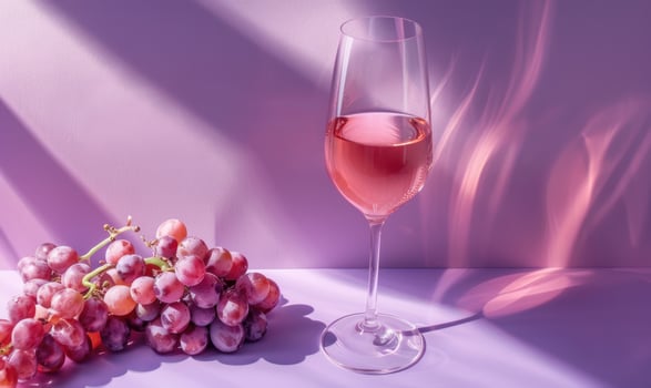 Grapes on a muted purple background with a glass of rose wine photo