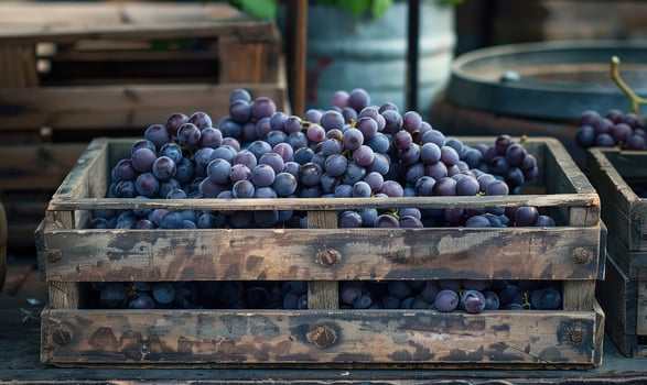 Grapes displayed in a rustic wooden crate at a roadside stand photo