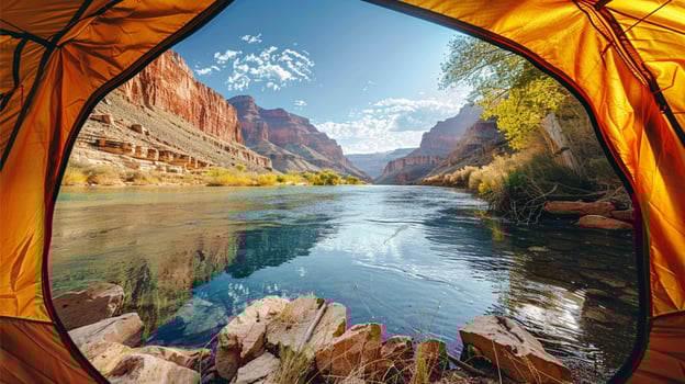 View from inside the tent on the River with clear skies and few clouds photo