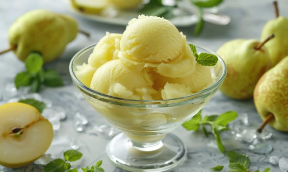Pear sorbet in a glass bowl, refreshing and light photo