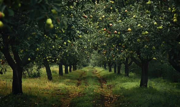 Pear orchard with a path through the trees photo
