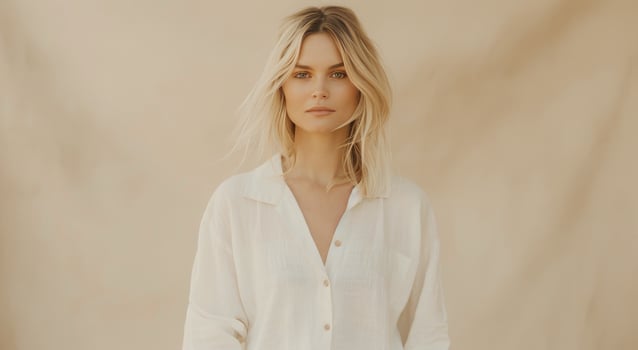 Woman in White Shirt Against Beige Background photo