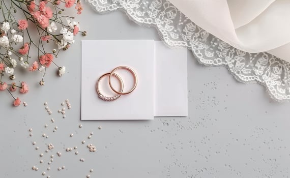 Wedding Invitation With Rings and Flowers photo