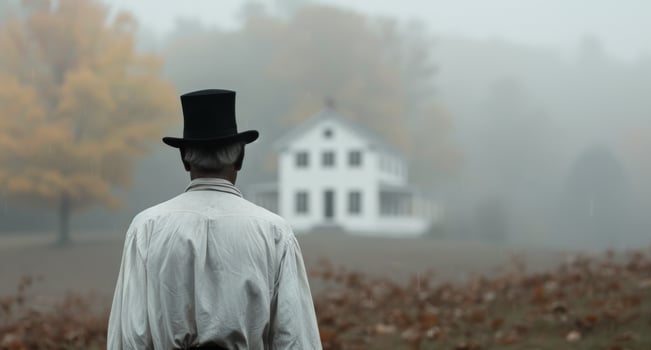 Man Walking Towards House in Fog photo