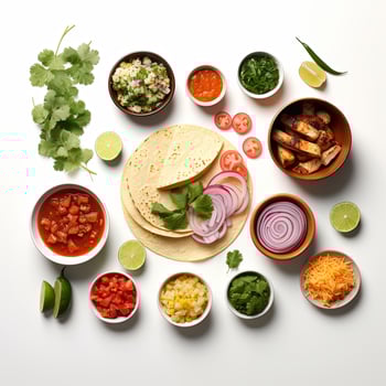 Taco ingredients arranged in bowls on a white surface photo
