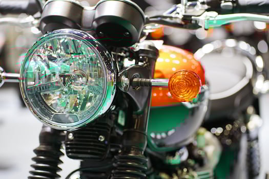 BANGKOK,THAILAND-Front headlight of a Triumph motorcycle. it's a nice and beautiful looking motorcycle ,parked up for show in Bangkok International Motor Show 2020.Bangkok photo