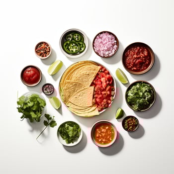 Taco ingredients arranged in bowls on a white surface photo
