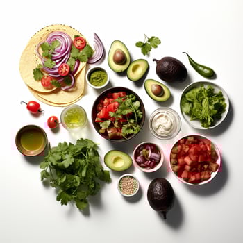 Various ingredients for a taco salad on a white surface photo