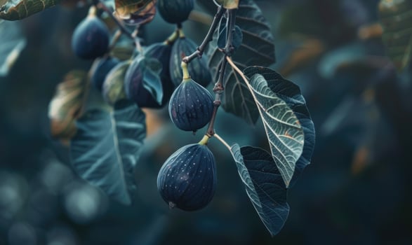 Close-up of figs hanging from a branch photo