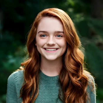 a young woman with long red hair smiling photo