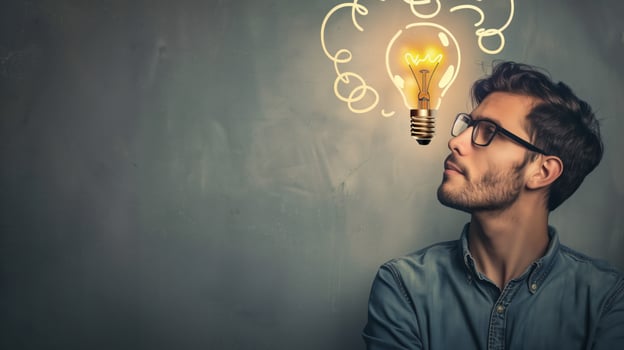 a man with glasses and a light bulb above his head photo