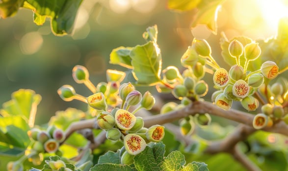 Fig tree blossoms and young figs, close-up photo