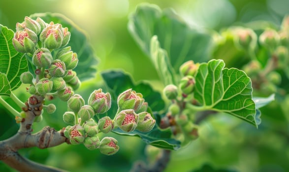 Fig tree blossoms and young figs, close-up photo