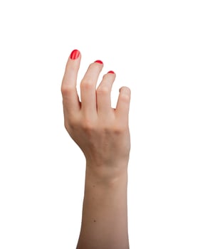 Hand in a touching gesture, isolated on a white background, with outstretched fingers ready to tap photo