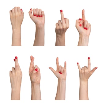 Hand gestures set, sign language isolated on white background. photo