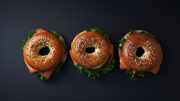 Salmon bagels sandwich on a wooden table, background restaurant concept design photo