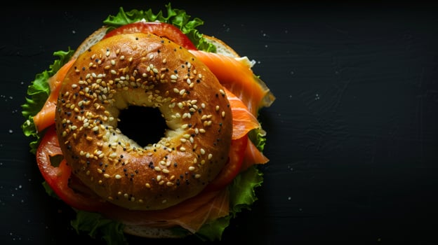 Salmon bagels sandwich on a wooden table, background restaurant concept design photo
