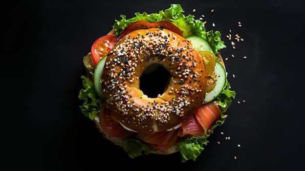 Salmon bagels sandwich on a wooden table, background restaurant concept design photo