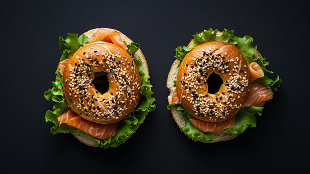 Salmon bagels sandwich on a wooden table, background restaurant concept design photo