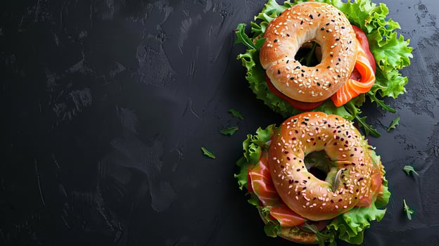 Salmon bagels sandwich on a wooden table, background restaurant concept design photo