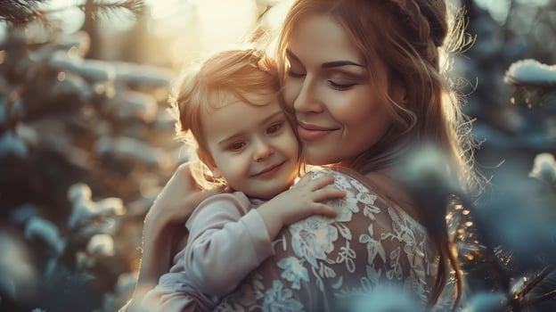 Portrait woman with her child, nature background photo