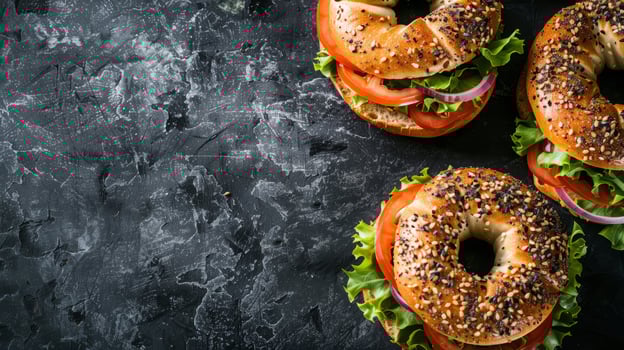 Salmon bagels sandwich on a wooden table, background restaurant concept design photo