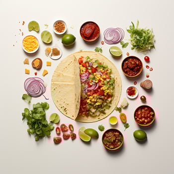 Taco ingredients arranged in a circle on a white surface photo