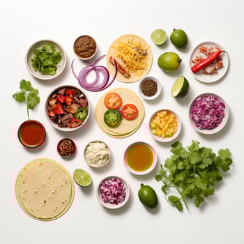Various ingredients for tacos on a white background photo