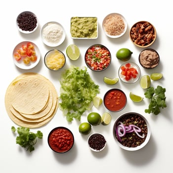 A white surface with various ingredients including tortillas, salsa, beans, and other ingredients photo