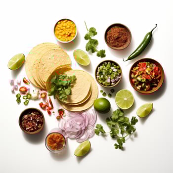 Tacos, lime, onion, cilantro, and other ingredients are arranged in bowls photo