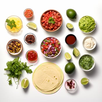 Taco ingredients arranged in bowls on a white surface photo