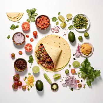 Taco ingredients arranged in a circle on a white surface photo