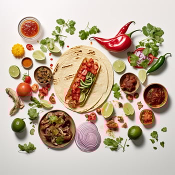 A mexican food taco is surrounded by various ingredients photo