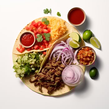 A plate with tacos, onions, tomatoes and other ingredients photo