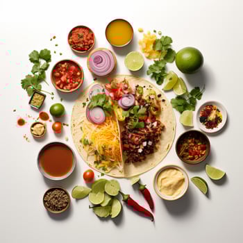 Taco ingredients arranged in a circle on a white surface photo