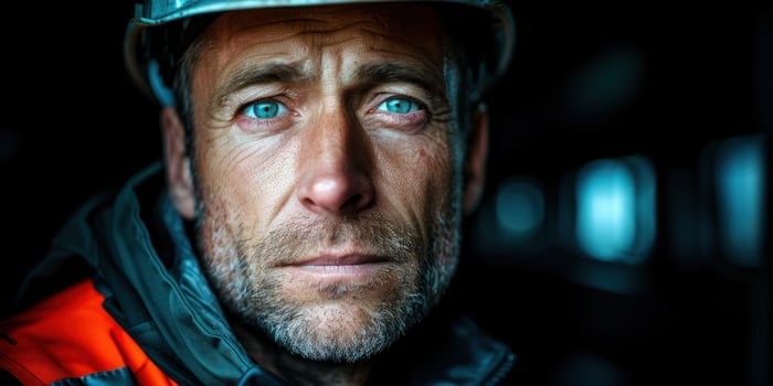 A construction worker stares intensely with bright blue eyes in a dark, industrial setting photo