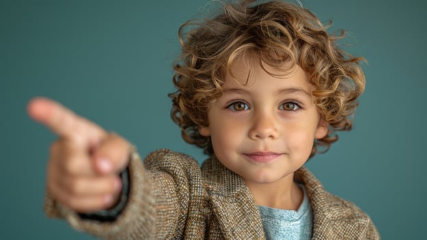 A young boy confidently gestures with a smile against a simple blue background photo