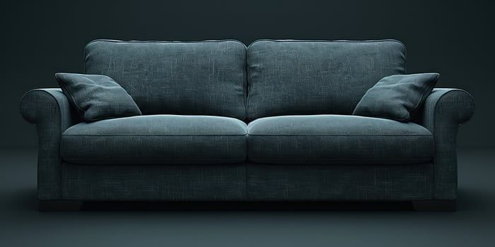 A cozy dark gray sofa with soft cushions stands in a contemporary room with low lighting photo