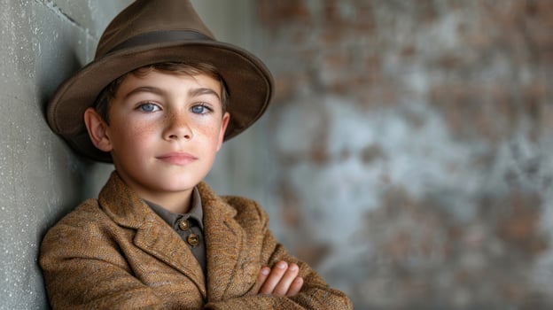 A boy with striking blue eyes stands confidently in vintage attire photo