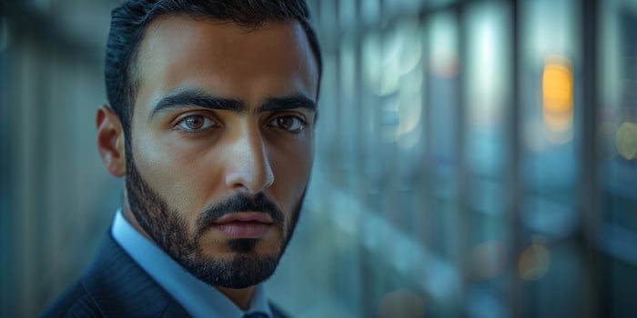 A man with a serious expression stands in a modern office building photo