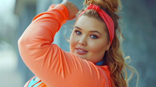 A woman playfully poses outdoors, showcasing her bright outfit and styled hair photo