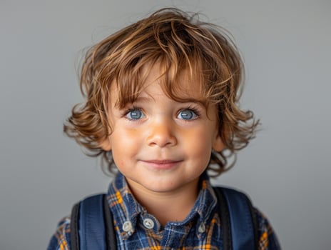 A cheerful young boy with curly hair smiles at the camera while wearing a checkered shirt photo