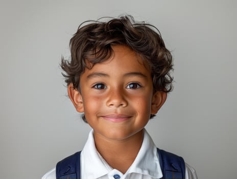A cheerful young boy with curly hair smiles warmly for a close-up portrait photo