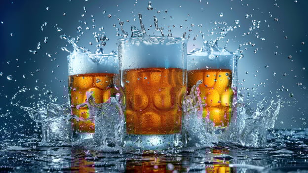 Glasses filled with brown drink splash as water creates ripples around them photo