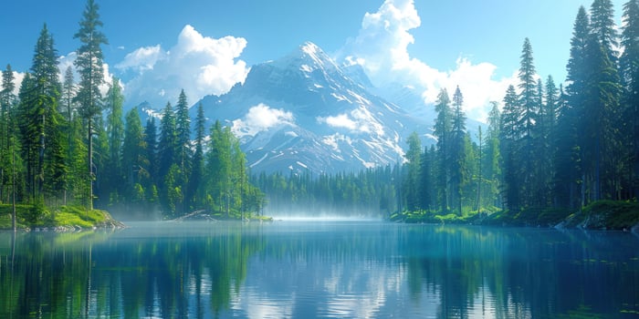 A tranquil lake reflects the majestic mountains and vibrant trees under a clear sky photo