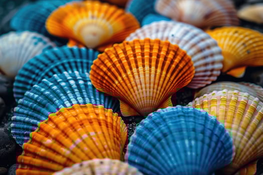 Assortment of vibrant seashells in various shades of blue, orange, and white, highlighting their intricate patterns and natural beauty, lying closely together. photo