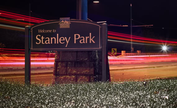 Vancouver, Canada - September 24,2019 View of Sign Stanley Park in Vancouver at night. Long Exposure Photography in Vancouver. photo